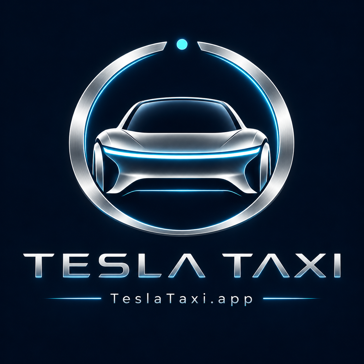 Tesla Taxi logo: a front-facing silver car inside a chrome halo open at the top with a cyan dot
